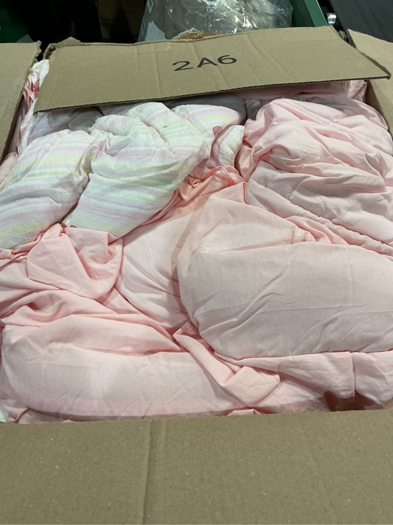 Condition photo showing As Is for a nice night rainbow stripes & bows bedding set,ruffle 6 piece bed in a bag matching sheet set,princess style chic bow printed,light pink room decor for girls,queen pink-yellow queen