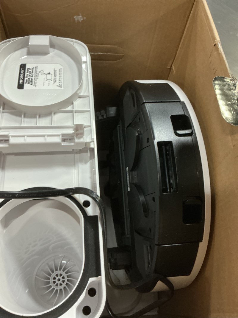 Condition photo showing As Is for shark iq robot vacuum with bagless self-empty 60 day capacity base, multi-surface cleaning, powerful suction, pet hair pickup, for carpets & hardfloors, home mapping, white, rv2302ae