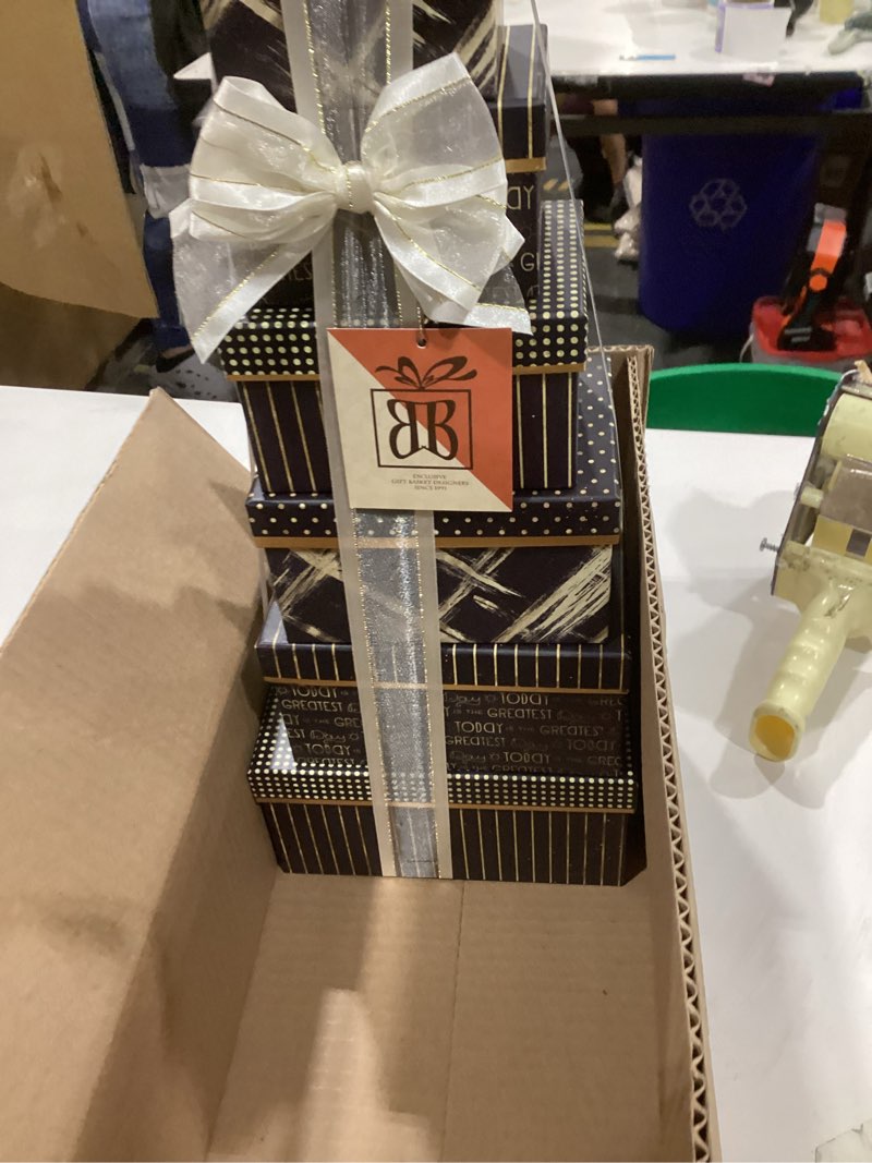 Condition photo showing New/Like New for broadway basketeers food gift basket tower snack gifts for women, men, families, college, delivery for holidays, appreciation, thank you, corporate, get well soon care package