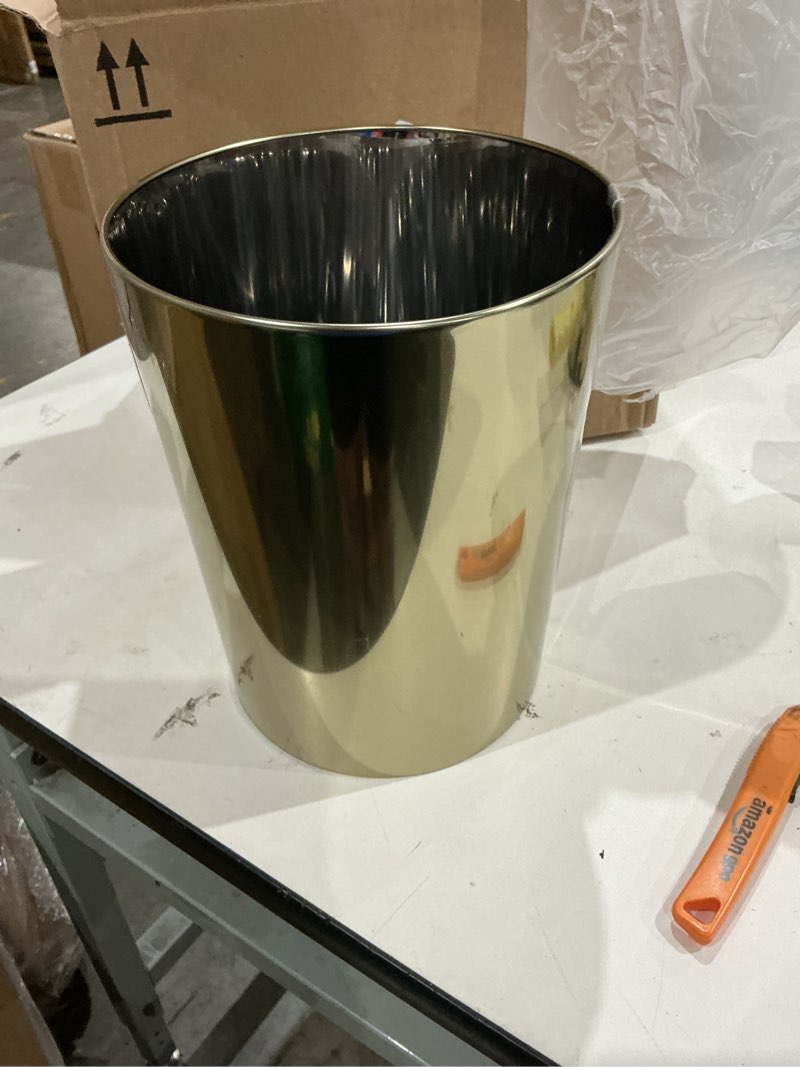 Condition photo showing Good Condition for mdesign round metal small 1.7 gallon recycle trash can wastebasket, garbage container bin for bathrooms, kitchen, bedroom, home office - durable stainless steel - mirri collection - soft brass soft brass 1.7 gallon (pack of 1)