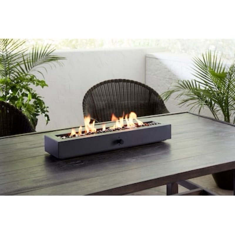Condition photo showing Good Condition for allen + roth  gas tabletop fire pit  black finist  easy to assemble, moure to standard table umbrellas hole  40,000-btu stainless steel burner  easy-start electronic agnition  thermocouple safety feature automatically  shuts off gas flow  lava glass included