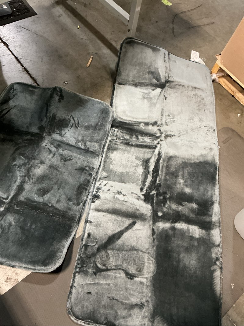Condition photo showing As Is for grey bathroom rugs set, 2 piece, ultra soft velvet memory foam, non-slip & pvc backing, washable quick dry