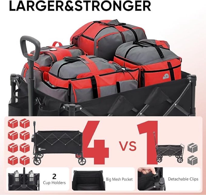 collapsible foldable wagon cart with 330lbs weight capacity, heavy duty folding wagon cart with big all-terrain wheels & drink holders. black