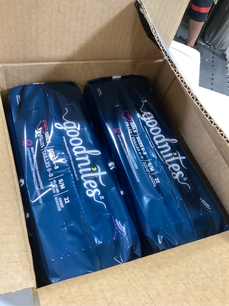 Condition photo showing Good Condition for goodnites girls' nighttime bedwetting underwear, size s/m (43-68 lbs), 44 ct (2 packs of 22), packaging may vary small/medium 44