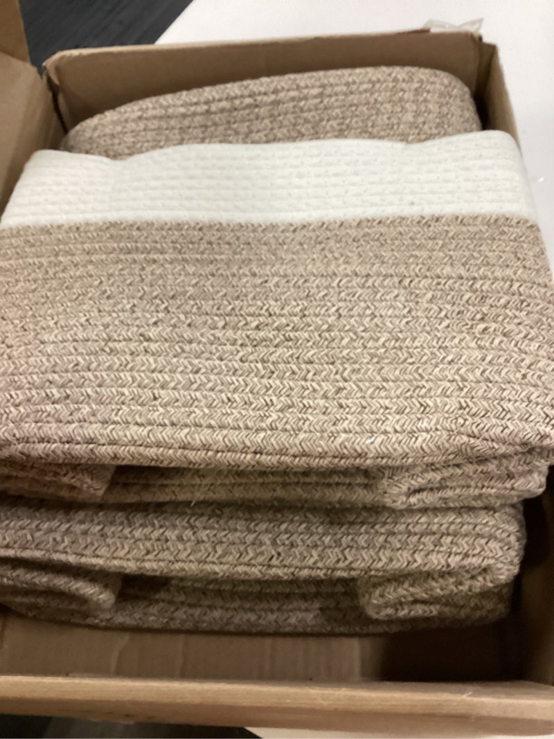 Condition photo showing Good Condition for OIAHOMY 3 Pack Storage Baskets for Organizing, 13''X9.85''X8.7'' Storage Bins,Woven Basket with Handles, Toy Storage Bin,Stylish Room Decor Basket, white & Brown variegated Brown variegated 13''×9.9''×8.7''