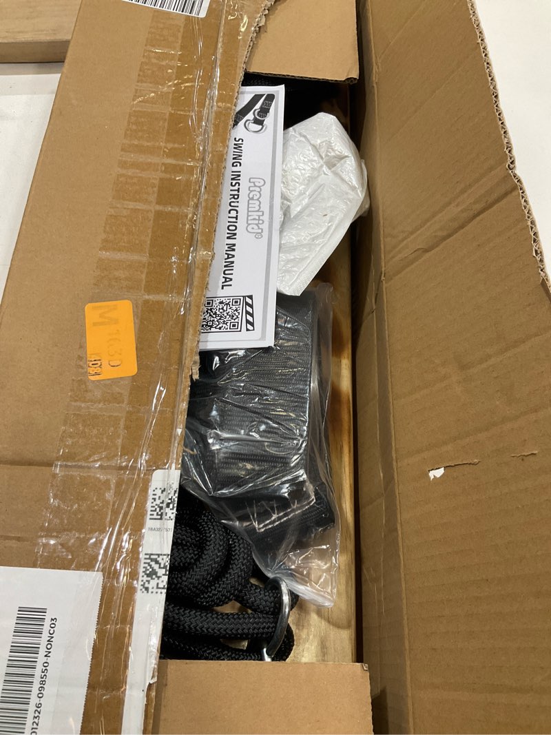 Condition photo showing Good Condition for Carbonized Hanging Wooden Swing, 24"x 8"x 1.2" Tree Swing for Adults Kids with 500lbs Load, Adjustable Climbing Rope Plus Tree Straps 9.67FT, Wood Swing Set Seat for Outdoor and Indoor Use Pastoral (Climbing Rope)