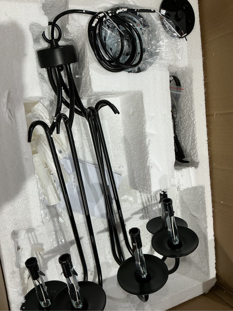Condition photo showing New/Like New for 5-light black farmhouse chandelier, adjustable height industrial candle pendant light fixture, vintage ceiling lamp for dining room, living room, bedroom, foyer, kitchen island