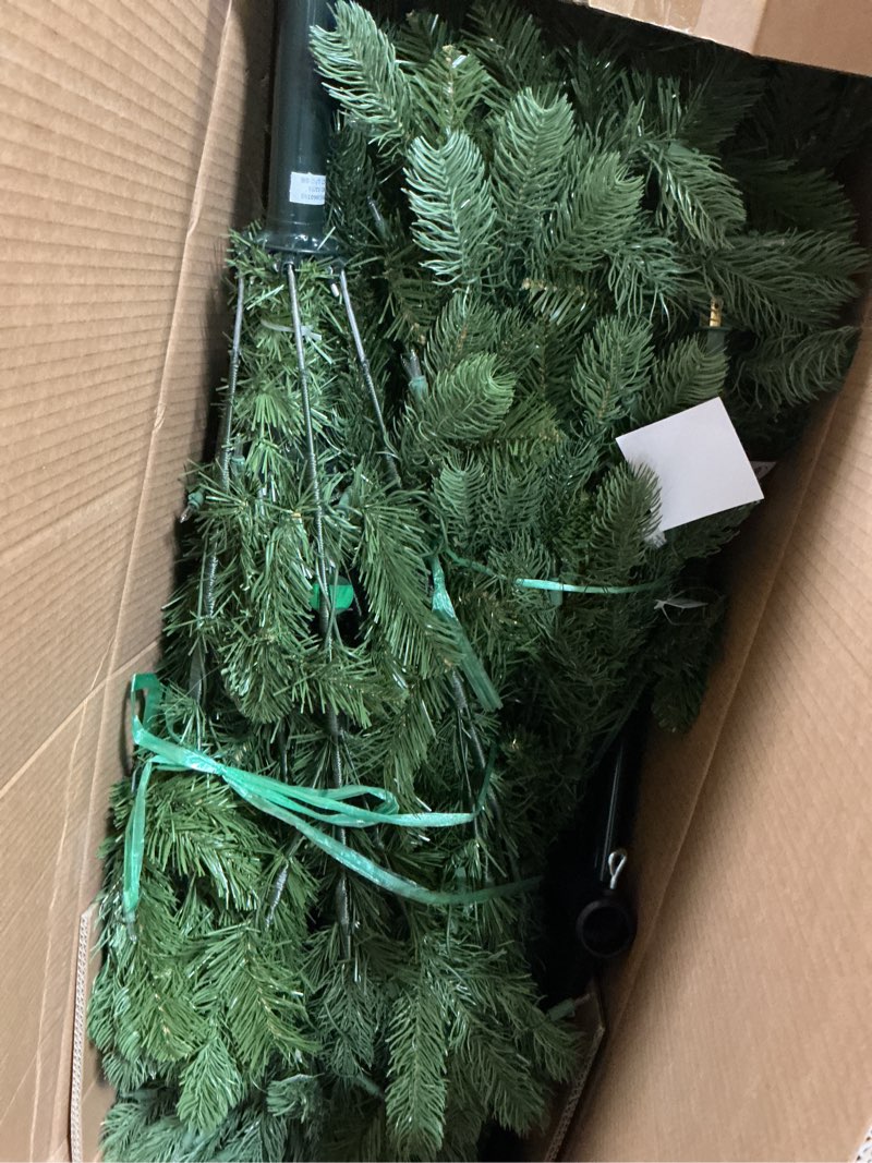 Condition photo showing As Is for National Tree Company 6.5 ft Pre-Lit Downswept Douglas Fir Artificial Christmas Tree, 650 Clear Lights, 1,227 Tips, Includes Stand, Green 6ft 6in Christmas Tree