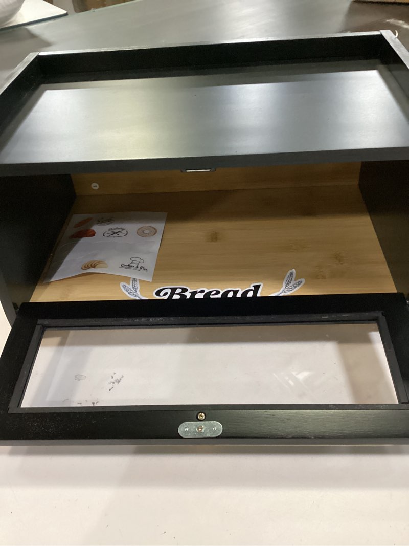 Condition photo showing Good Condition for Black Bread Box for Kitchen Countertop, Vintage Wooden Counter Breadbox, Homemade Bread Storage Container for Sourdough Loaf, Small Farmhouse Corner Kitchen Countertop Organizer for Cabinet