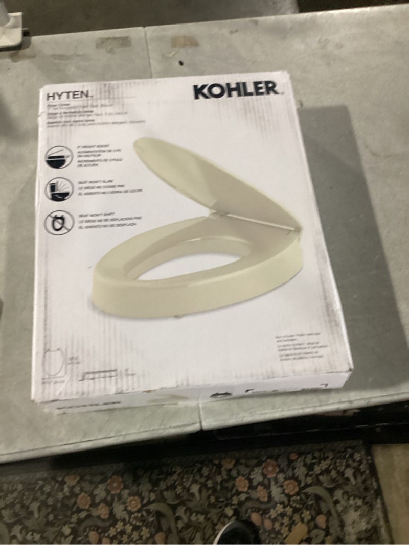 Condition photo showing New/Like New for KOHLER 25875-96 Hyten 3" Height, Elevated Soft Close Elongated Toilet Seat, Contoured Seat with Grip-Tight Bumpers, Quick-Attach Hardware, No Slam Toilet Seat, Biscuit Biscuit Elongated