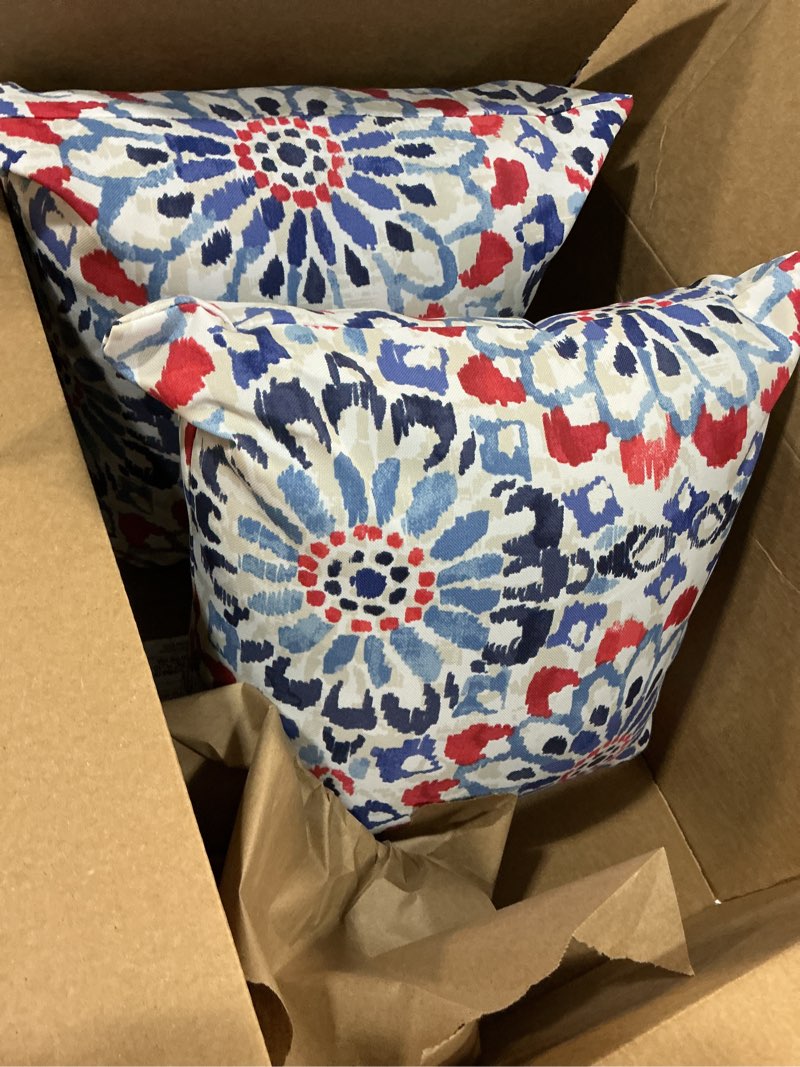 Condition photo showing As Is for arden outdoor throw pillows 2 pack, 16x16 patio accent cushions, water & uv resistant, fade resistant outdoor decorative pillows with recycled polyfiber fill, clark blue 16 x 16 clark blue 2