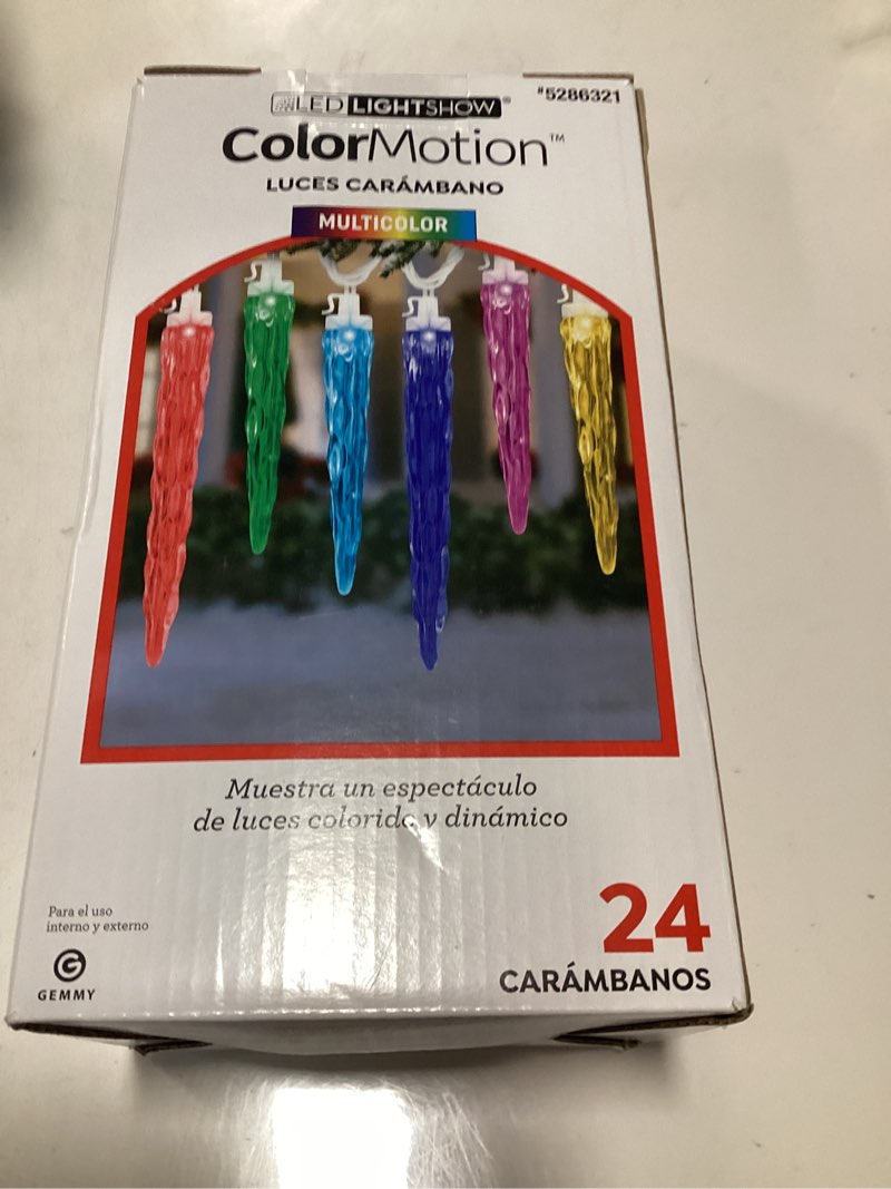 Condition photo showing As Is for Gemmy Lightshow ColorMotion Multi-Color LED Icicle Light Set, 24-Lights