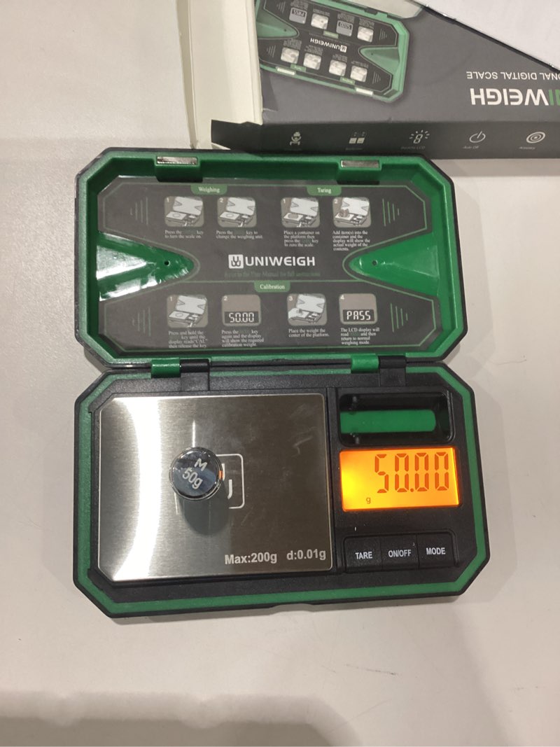 Condition photo showing New/Like New for digital pocket scale precision 200g/0.01g, digital scale grams ounces, mini jewelry scale, coins scale with 50g cal weights for gold/silver/gems/food,(battery included)-green
