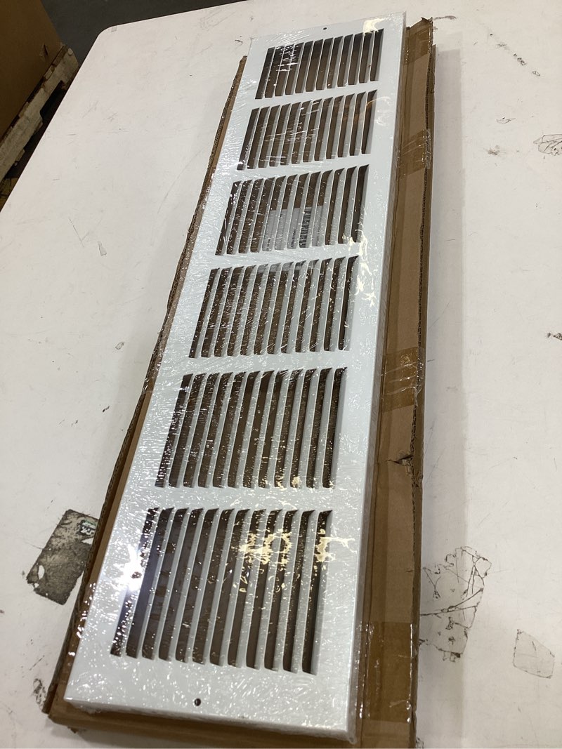 Condition photo showing New/Like New for 12x6 baseboard return air grille for 12"wx6"h duct opening, 7/8" depth | steel baseboard return air vent cover grill,7/8" thick margin turnback for baseboard,outer dim 13.75"w x 7.75 "h x 7/8"