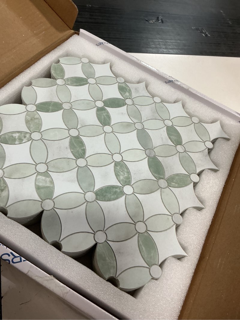 Condition photo showing Good Condition for sunwings 10-sheet peel and stick backsplash coin waterjet tile, 11.2" x 11.2" green marble looks self adhesive wall tile stick on backsplash for kitchen, bathroom, fireplace, shower green 11.2" x 11.2" (10 sheets)