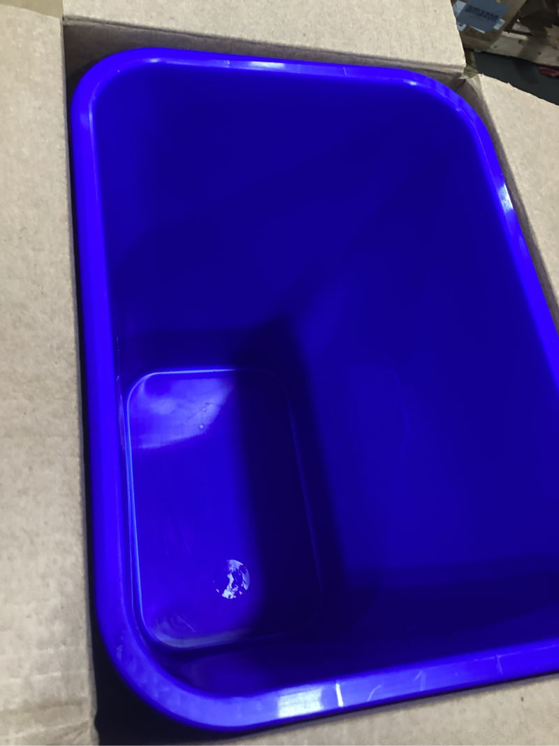 Condition photo showing As Is for amazon basics rectangular commercial office recycling wastebasket with recycle logo, easy to clean, 7 gallon, blue, pack of 2