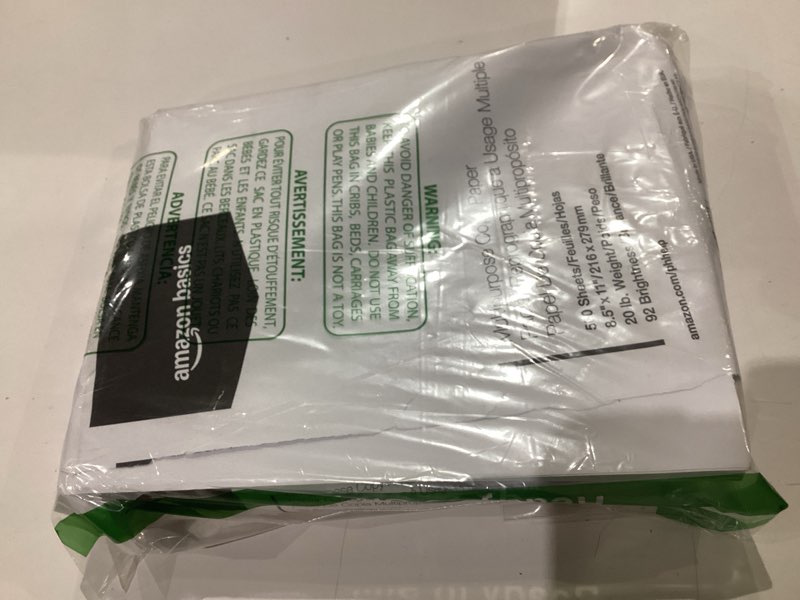 Condition photo showing As Is for amazon basics multipurpose copy printer paper, 8.5 x 11 inches, 20 lb, 1 ream, (500 sheets), 92 bright, white 1 ream | 500 sheets letter (8.5x11)
