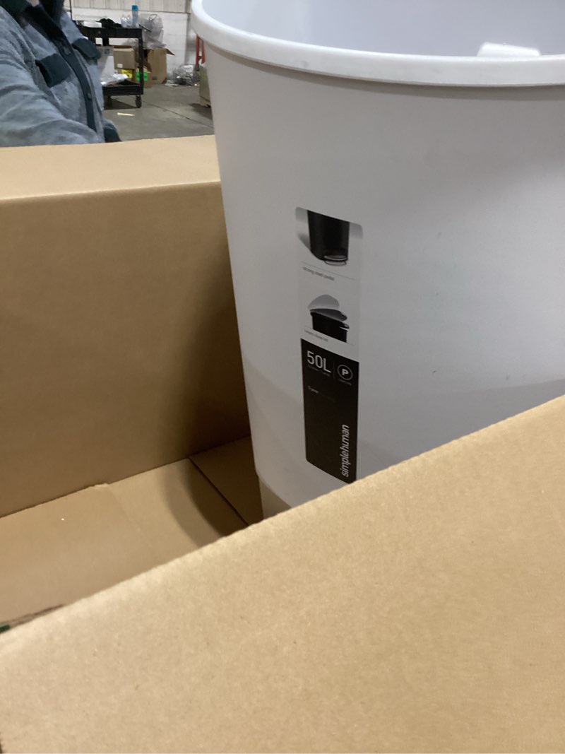 Condition photo showing As Is for simplehuman 50 Liter Semi-Round Hands-Free Kitchen Step Soft-Close Lid Trash Can, White