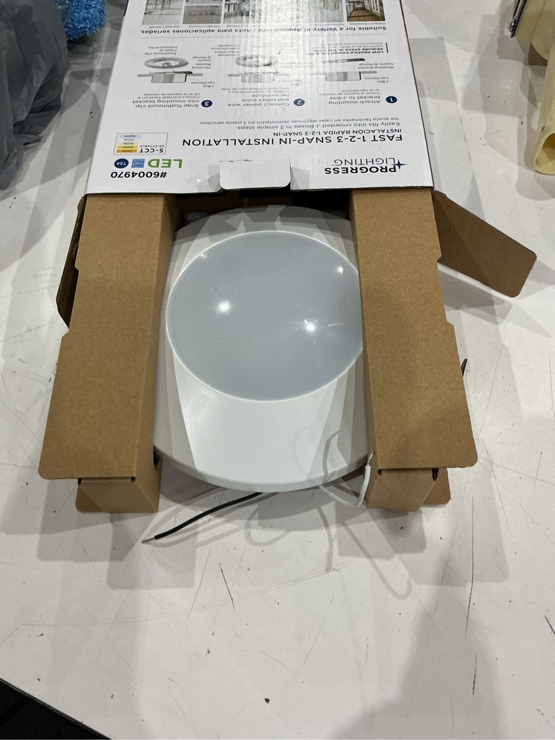 Condition photo showing As Is for progress lighting cct led 1 -light 7.5-in white integrated led flush mount light