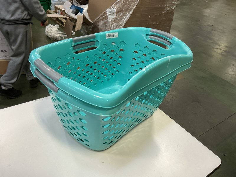 Condition photo showing As Is for Style Selections 1.75-Bushel Blue Plastic Laundry Hamper set of 2 