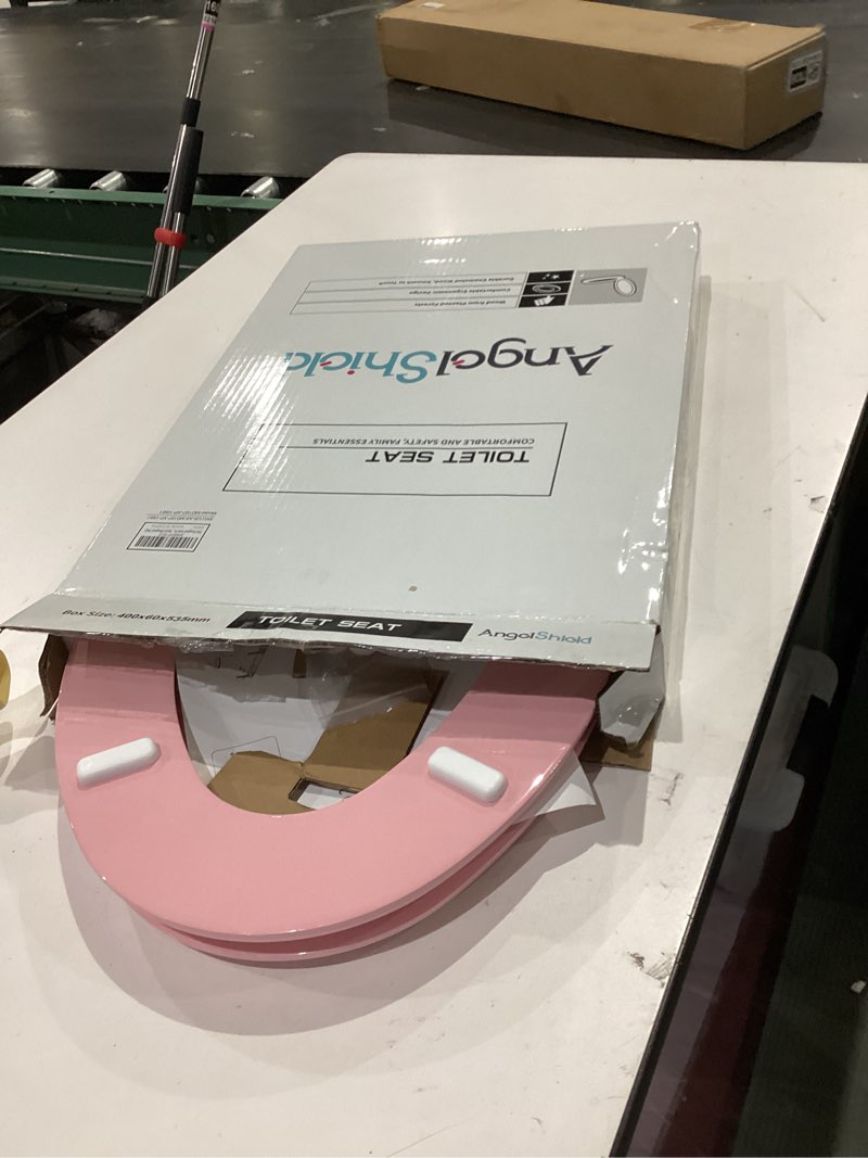Condition photo showing As Is for pink elongated toilet seat natural wood toilet seat with zinc alloy hinges, easy to install also easy to clean, scratch resistant toilet seat by angol shiold (elongated, pink) elongated pink
