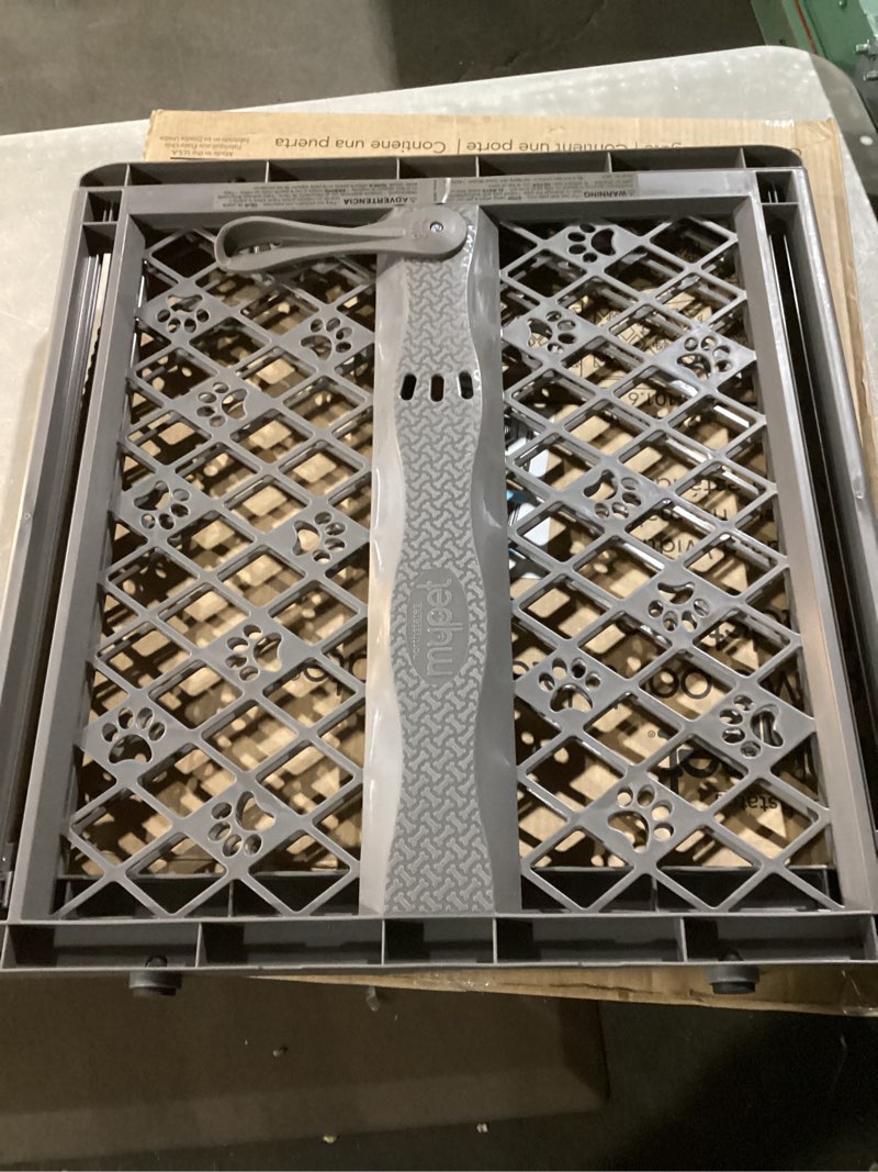Condition photo showing As Is for mypet north states paws portable pet gate: 26-40" wide. pressure mount. no tools needed. made in usa, 23" tall, expandable, durable dog gates for doorways, fieldstone gray