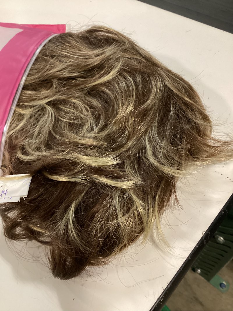 Condition photo showing Good Condition for tishining short brown mixed blonde highlight pixie cut wigs for white women shaggy layered mixed blonde wavy wig with bangs natural looking synthetic hair replacement wig