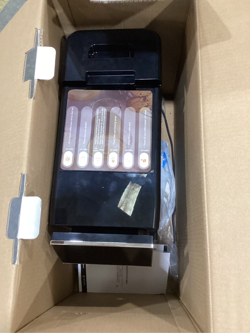 Condition photo showing As Is for fully automatic coffee machine, 20 bar coffee maker with grinder, automatic espresso machine with 15 grinding levels, touch control for cappuccino & latte, auto self-cleaning