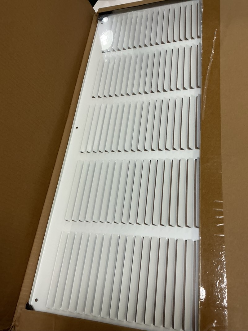 Condition photo showing New/Like New for HVAC Premium 26" x 18" [Duct Opening] Flat Stamped Steel Return Air Grille - Sidewall and Ceiling - HVAC Vent Duct Cover - White [Outer Dimensions: 27.75w X 19.75"h]