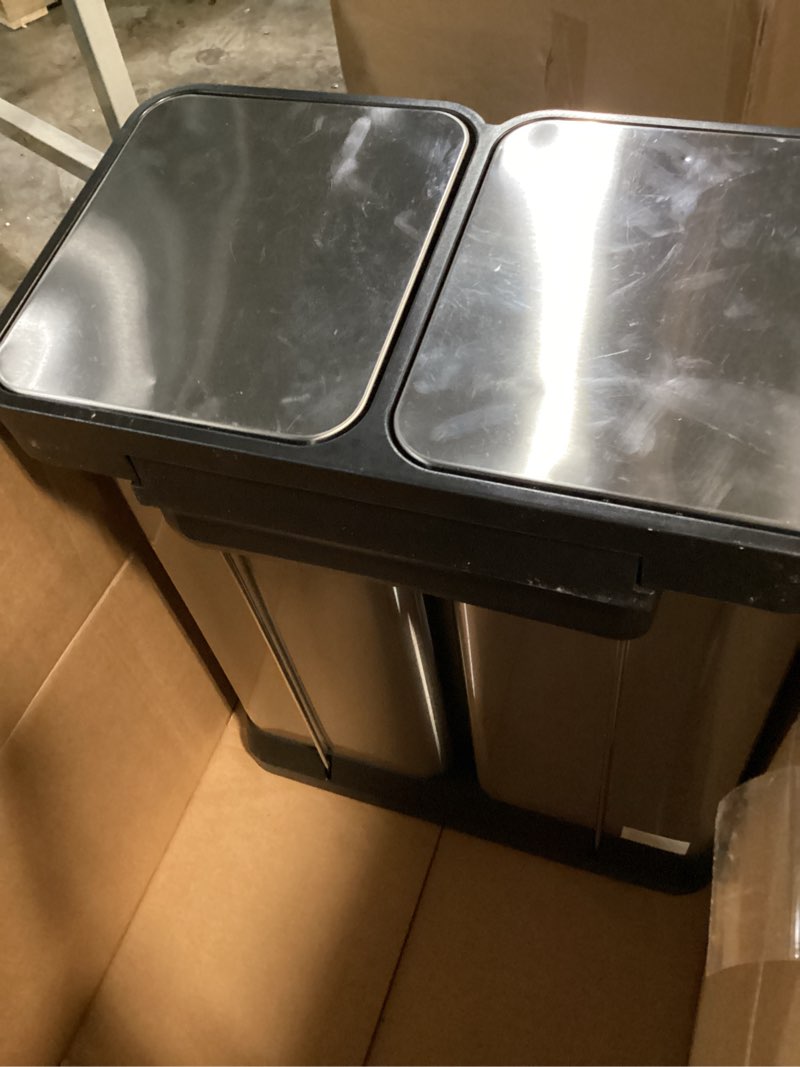 Condition photo showing As Is for Dual Compartment Trash Can 13 Gallon, Stainless Steel Step Trash Bin with Soft Close Lid, 50L Recycling Bin Kitchen 2x25L No Inner Bucket 13 Gallons, 25+25L