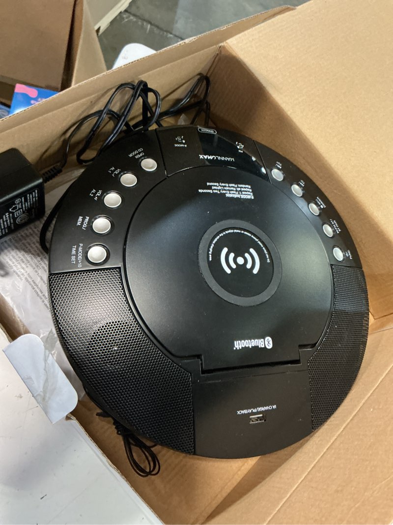 Condition photo showing As Is for hannlomax hx-330cd cd player, fm radio, bluetooth, alarm clock, red led display, usb port for charging and mp3 playback, aux-in, remote control included, ac operation only. (black)