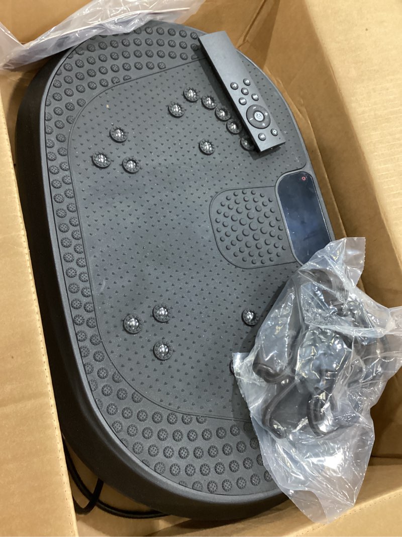Condition photo showing As Is for vibration plate exercise machine, vibrating fitness platform for lymphatic drainage, full body shaker workout equipment, bluetooth power shaping vibrate plate, board sport for home exercise gym black