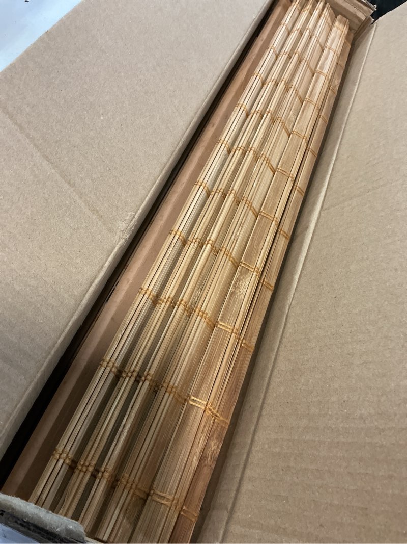 Condition photo showing As Is for lazblinds no tools no drill cordless bamboo roman shades, light filtering window treatment, roll up bamboo blinds for window 22'' w x 64'' h, squirrel squirrel 22'' w x 64'' h