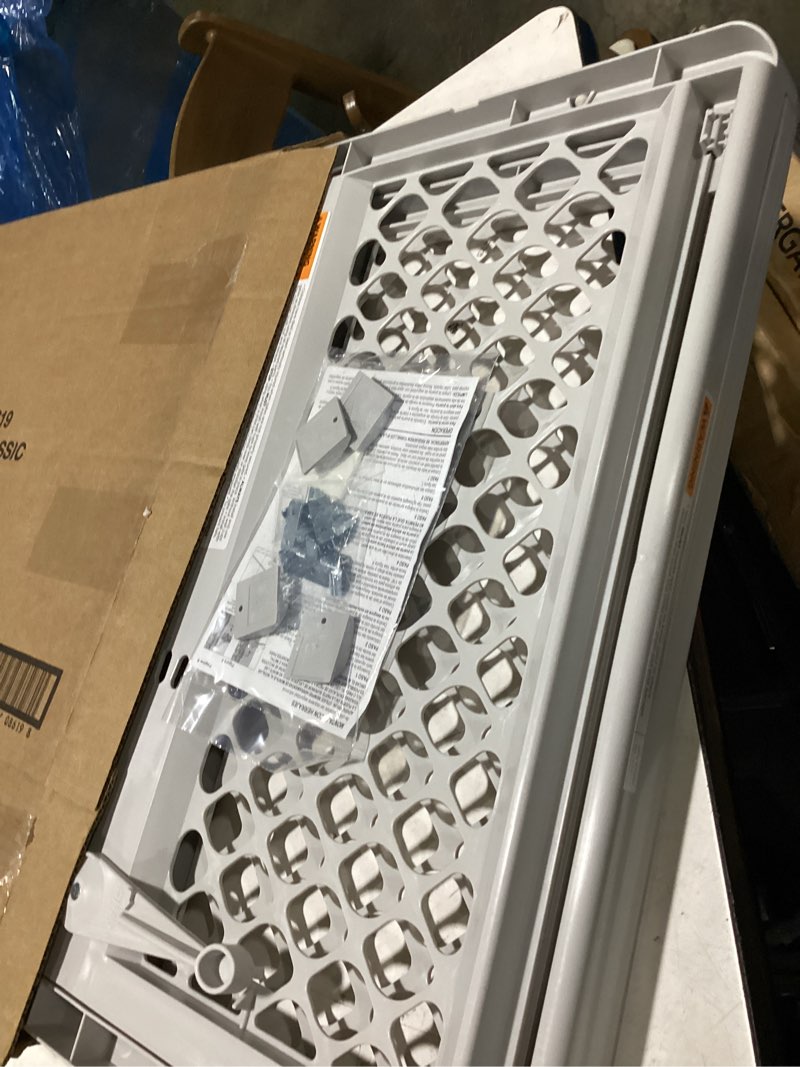 Condition photo showing Good Condition for mypet universal pet gate: 26” - 42” wide dog gate for doorways with pressure fit or swinging door hardware mounting types included: 26" tall; gray