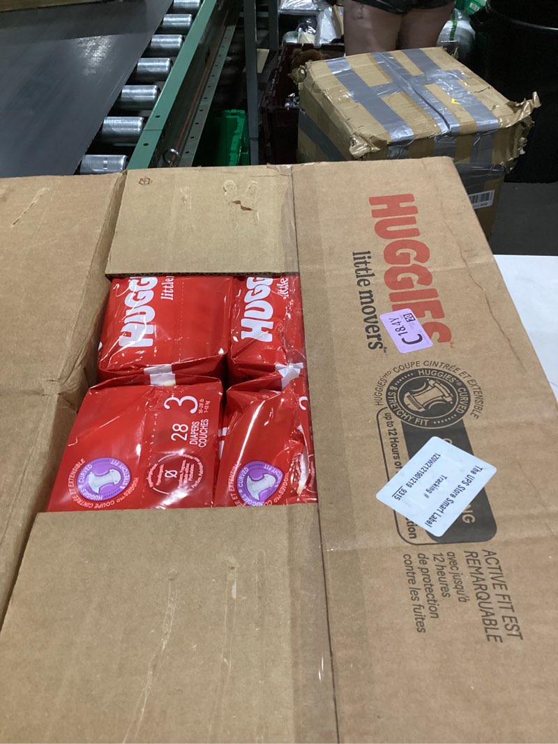 Condition photo showing New/Like New for huggies size 3 diapers, little movers baby diapers, size 3 (16-28 lbs), 168 count (6 packs of 28), packaging may vary size 3 168