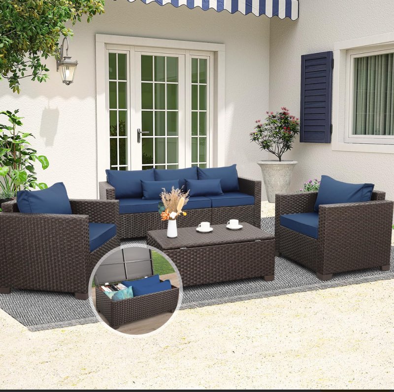 (Incomplete))4 Pcs Patio Furniture Set - Outdoor Couch, Chairs, Storage Table - Navy