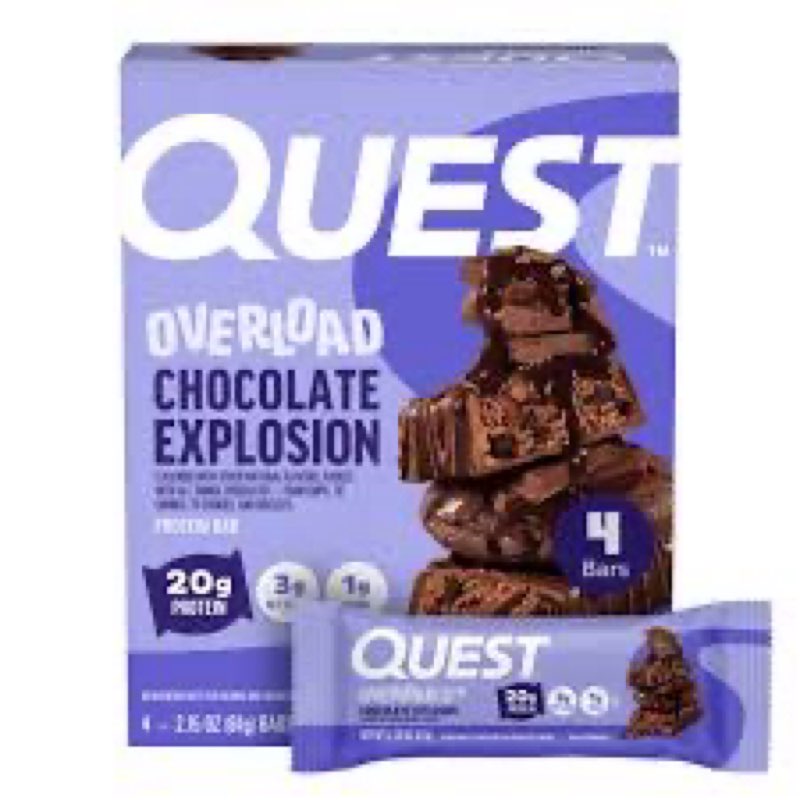(best by 06/16/26)quest nutrition overload protein bars, chocolate explosion, 20g protein, 1g sugar, 3g net carbs, glu