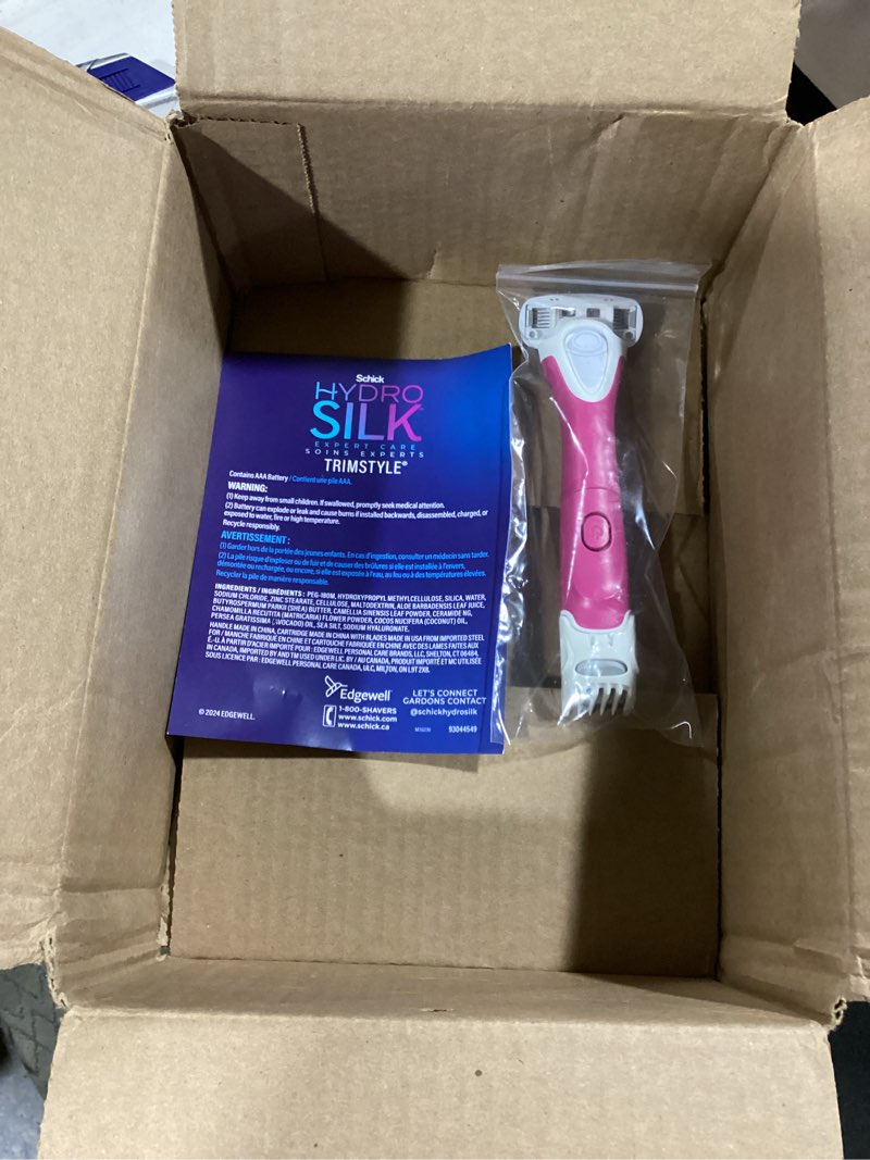 Condition photo showing As Is for schick hydro silk trimstyle razor with bikini trimmer for women | 2-in-1 bikini razor for women and womens trimmer for pubic hair, includes 1 waterproof handle, 3 refills & 1 aaa battery razors