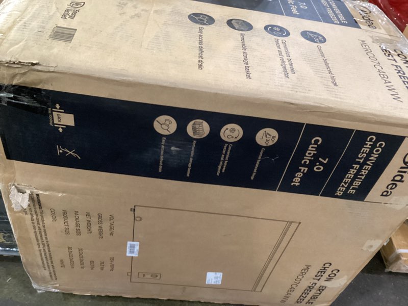 Condition photo showing As Is for midea 7 cu. ft. convertible chest freezer and refrigerator with removable storage basket  white