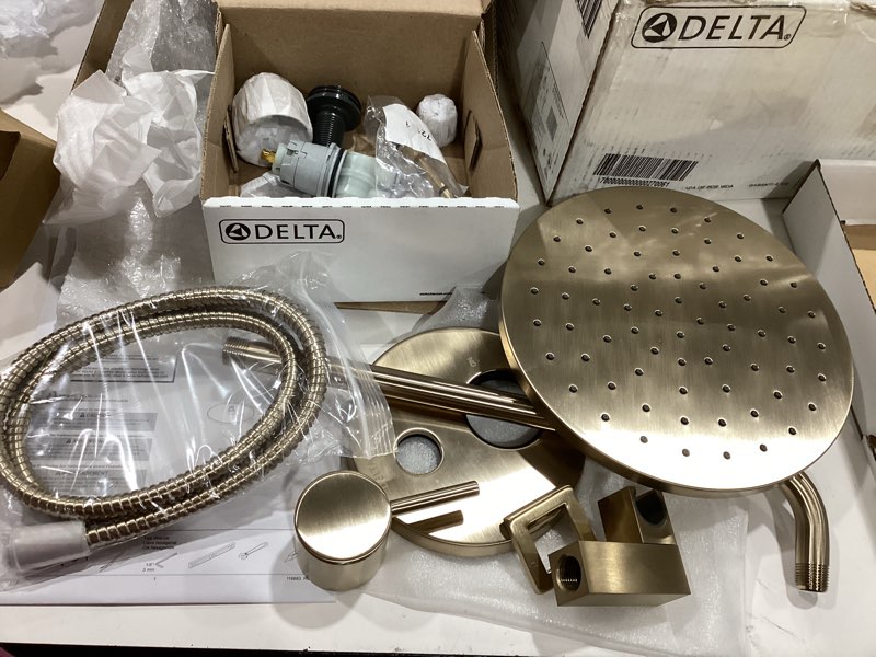 Condition photo showing As Is for delta modern round shower system faucet set, brushed nickel 6-inch shower head and handle set, valve trim kit, spotshield stainless t342704-sp (valve not included)