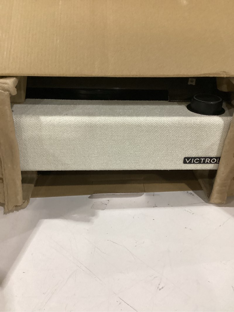 Condition photo showing As Is for not tested victrola eastwood ii record player with speakers – bluetooth 5.1 and vinyl stream technology, vintage style 3-speed vinyl player, audio technica at-3600la cartridge (oak)