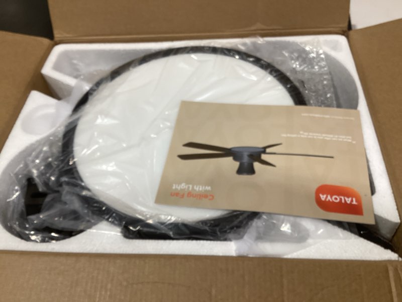 Condition photo showing As Is for TALOYA Ceiling Fans with Lights and Remote, 52 inch Low Profile Ceiling Fan with Nightlight, Flush Mount, Reversible, 3CCT, Dimmable Black Modern Ceiling Fan for Bedroom, Living Room, Outdoor Patio Black 52inch Nightlight