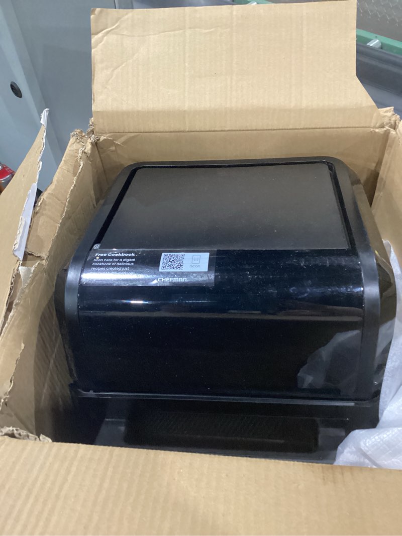 Condition photo showing As Is for USED NOT TESTED Chefman 12-Quart 6-in-1 Air Fryer Oven with Digital Timer, Touchscreen, and 12 Presets - Family Size Countertop Convection Oven, Dishwasher-Safe Parts 12 Qt Black