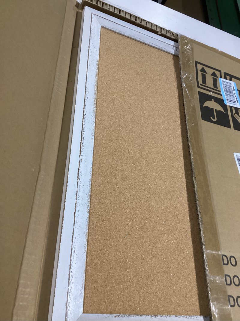 Condition photo showing Good Condition for DOLLAR BOSS White Cork Board for Wall - 24 X 18 Inches, Rustic Wooden Frame Bulletin Board, Decorative Hanging Pin Board for Office & Home Decor White 24''X 18‘’