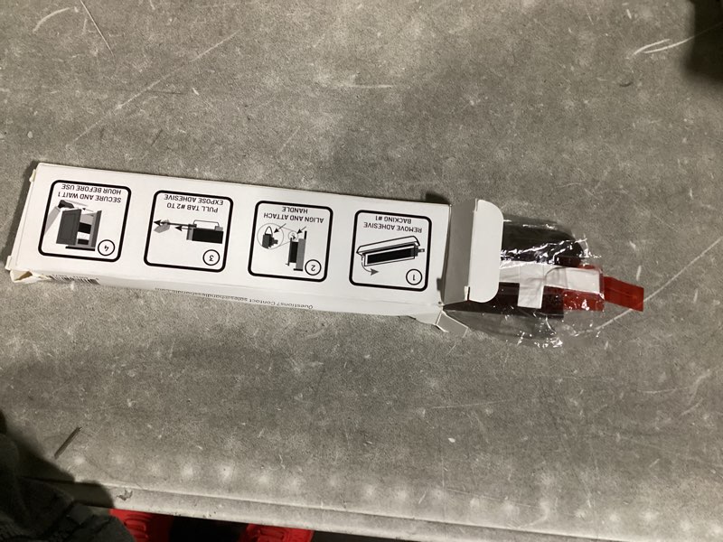 Condition photo showing New/Like New for the handless handle – hands-free garbage drawer foot pull handle, touchless opener for drawers, bins, & cabinets (brown, 1 pack) 1 pack dark brown