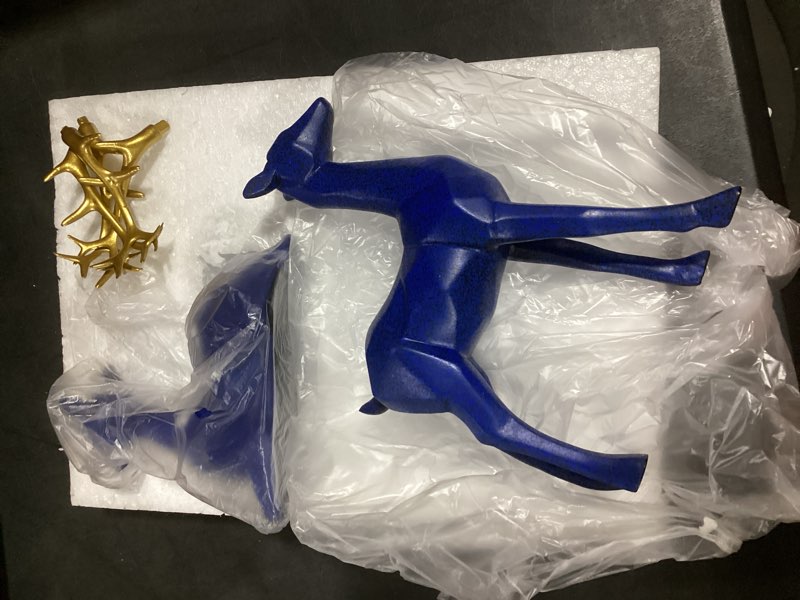Condition photo showing New/Like New for XMGZQ Navy Blue Gold Reindeer Christmas Decorations Indoor,2Pcs Reindeer Figurines Ornaments,Seated and Standing Elegant Resin Deer Statues for Tabletop,Mantel,Shelf,Wine Cabinet Christmas Decor