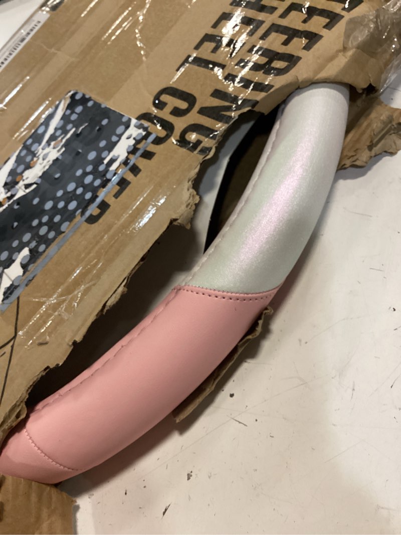 Condition photo showing Good Condition for road comforts steering wheel cover – breathable leather steering wheel cover, anti-slip grip, universal fit 14.5” to 15”, heat & cold resistant for cars, suvs, and trucks –shining white & pink white&pink