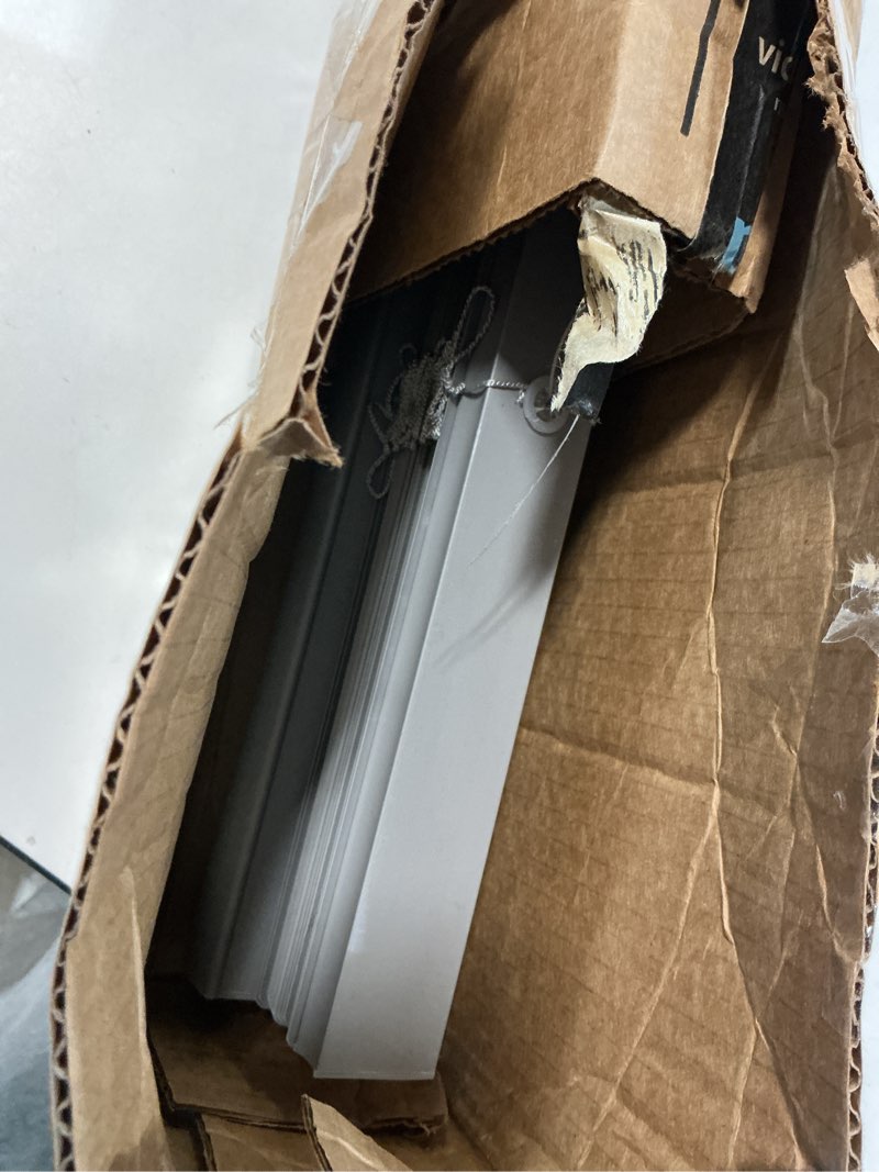 Condition photo showing As Is for CHICOLOGY Mini Blinds for Indoor Windows – 34"W x 60"H, Gray Horizontal Vinyl Blinds | Cordless | Easy to Install | Sleek Low-Profile Fit for Doors, Offices, Kitchens & Apartments