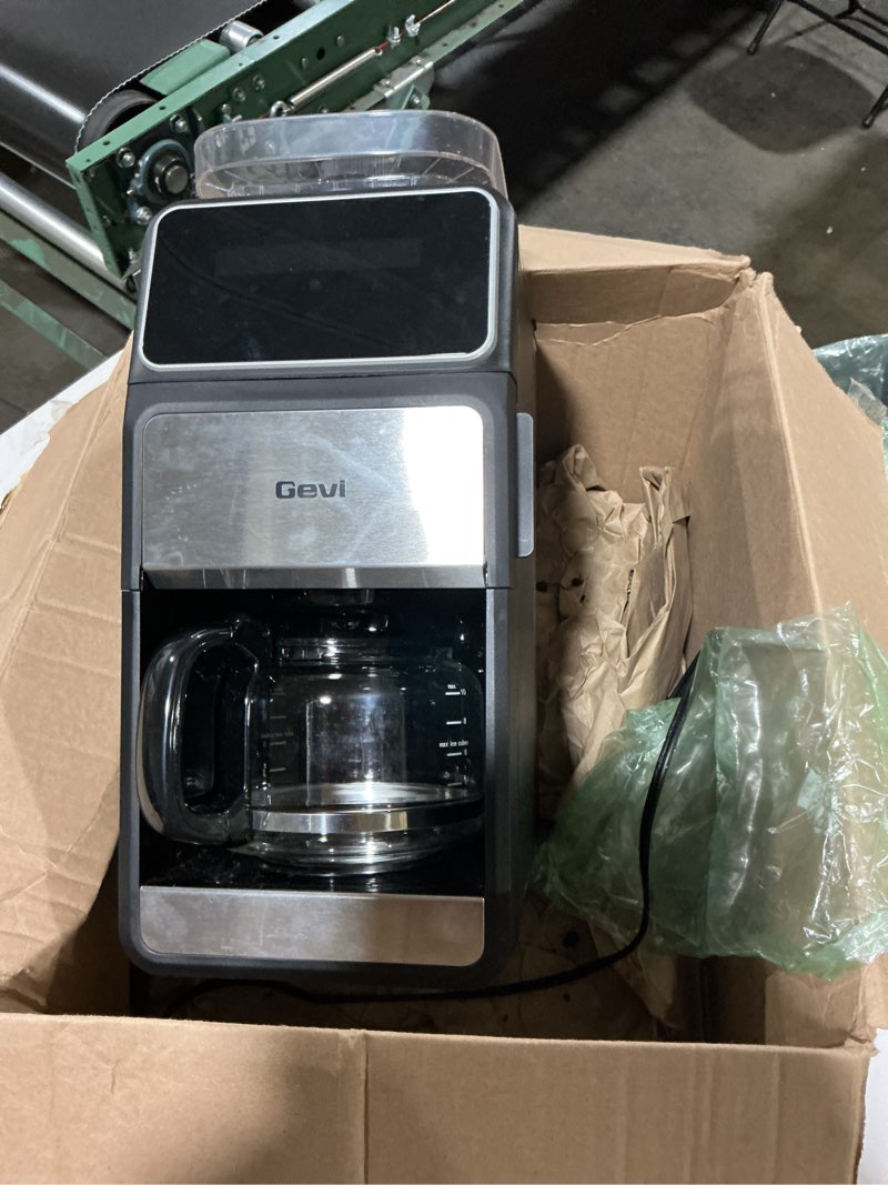 Condition photo showing As Is for gevi 10 cup drip coffee maker with built-in grinder, grind ? brew burr combo coffee machine with touch screen, programmable, 4-hour warm plate, permanent filter, coffee carafe 10.7"d x 7.9"w x 17.8"h