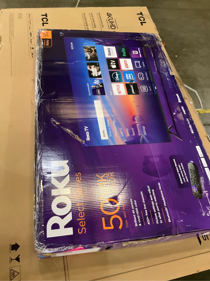 Condition photo showing As Is for Roku Smart TV – 50-Inch Select Series, 4K HDR TV – RokuTV with Enhanced Voice Remote – Flat Screen LED Television with Wi-Fi for Streaming Live Local News, Sports, Family Entertainment
